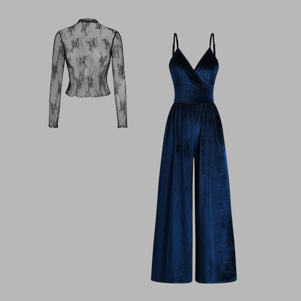 Valentine's Day Women's Solid Color Knitted Lace Tee & High Waist Pocket Jumpsuit Two-piece Set