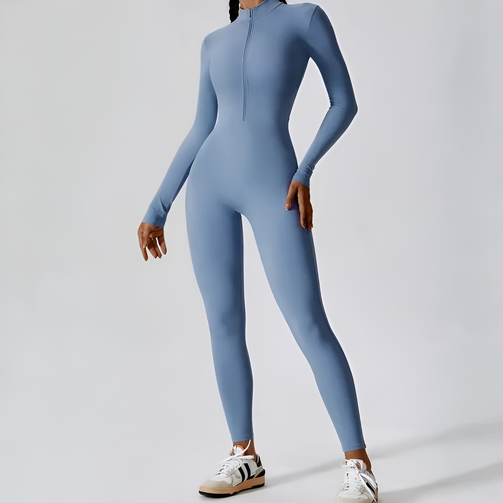 Solid Zip Front Long Sleeve Jumpsuit