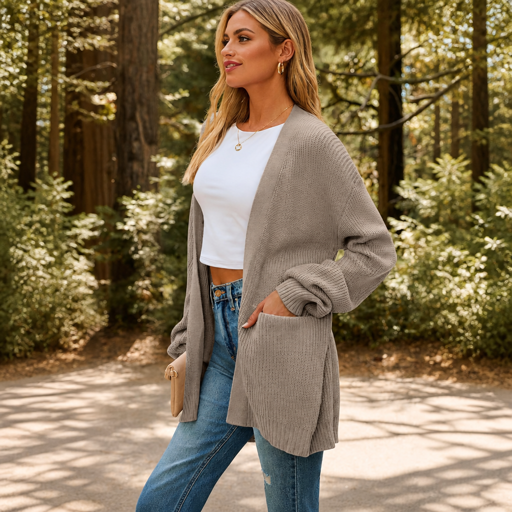 Oversized Open Front Knit Cardigan with Pockets for Women