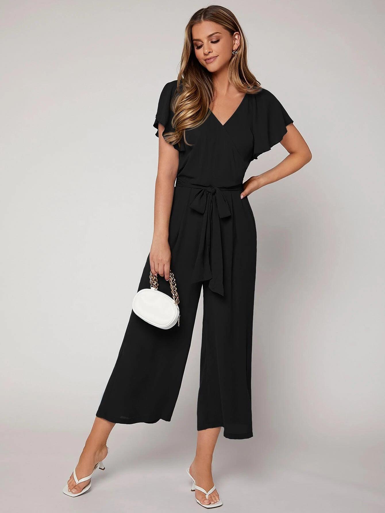 Butterfly Sleeve Belted Jumpsuit-Comfy Jumpsuits