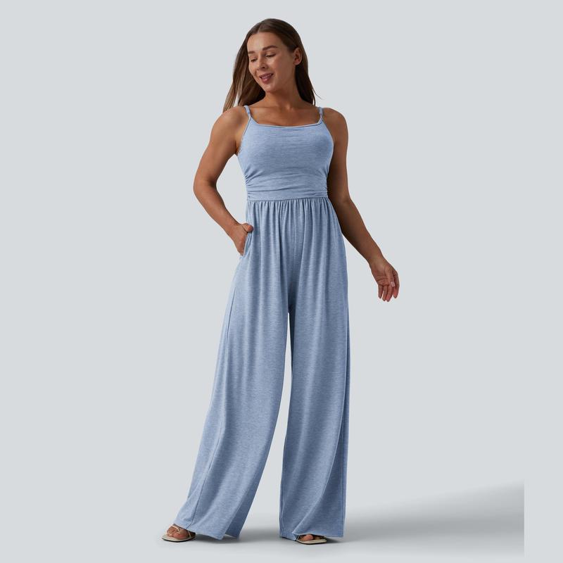 Casual Wide Ruched Jumpsuit With Pockets For Women