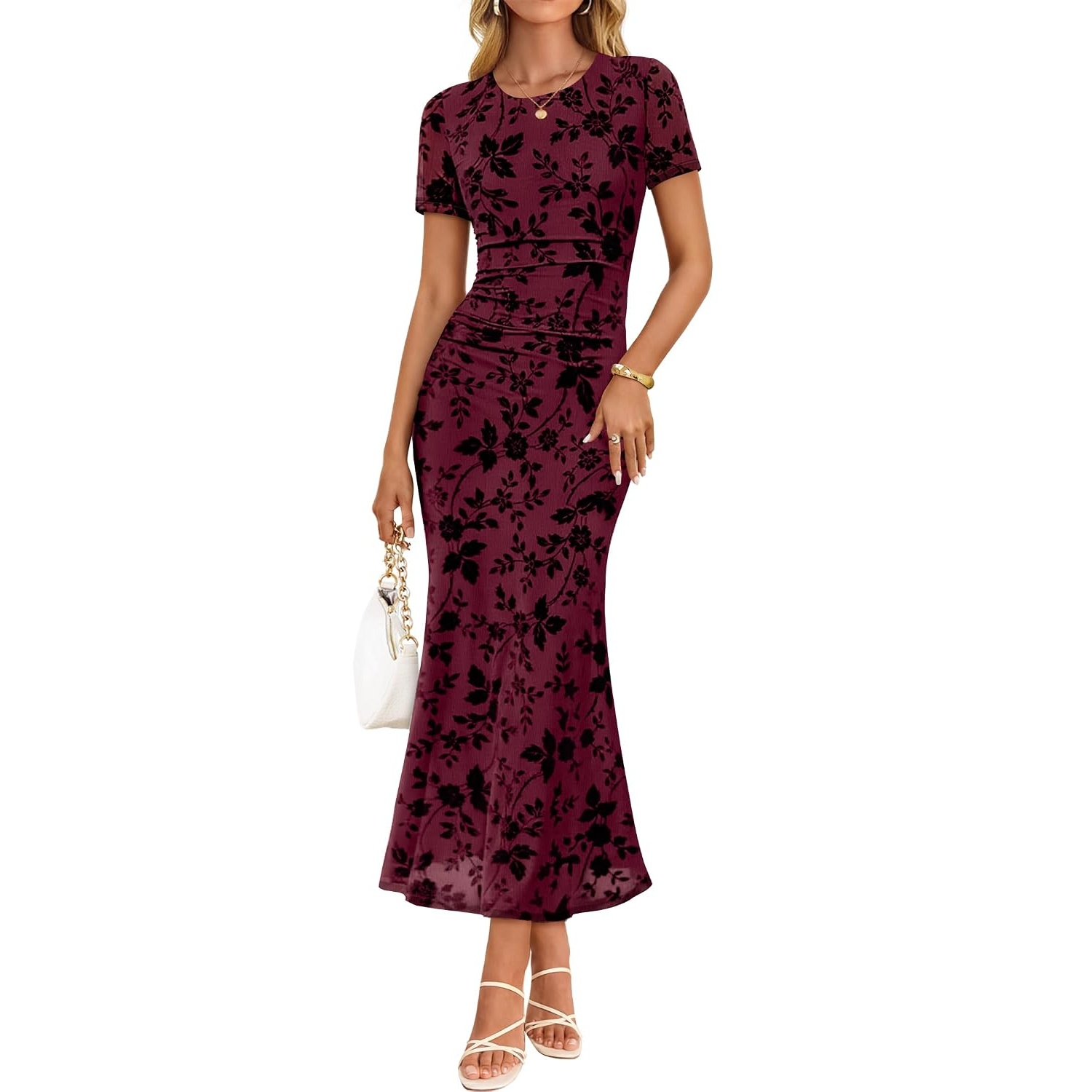 Bodycon Floral Mesh Sleeve Ruched Sleeve Dress For Women