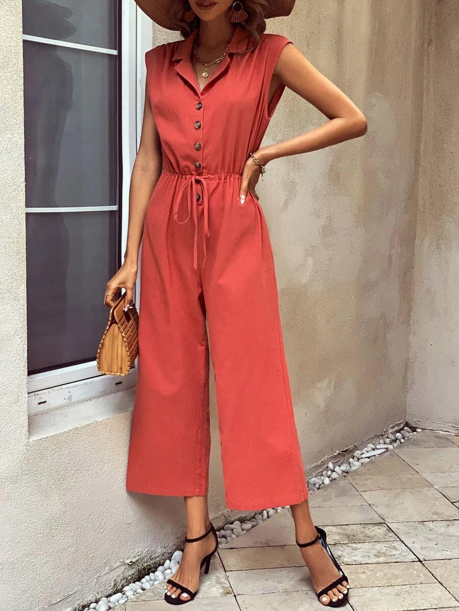 Drawstring Waist Button Front Wide Leg Shirt Jumpsuit-Comfy Jumpsuits