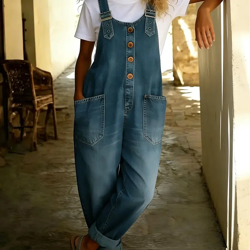 Loose Vintage Denim Wide Romper Jumpsuit With Button For Women