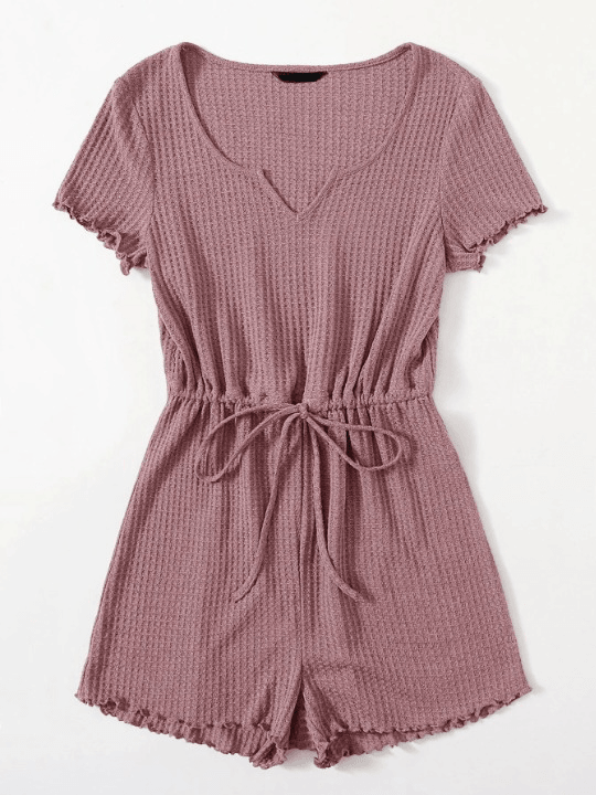 Notched Neck Lettuce Trim Romper-Comfy Jumpsuits