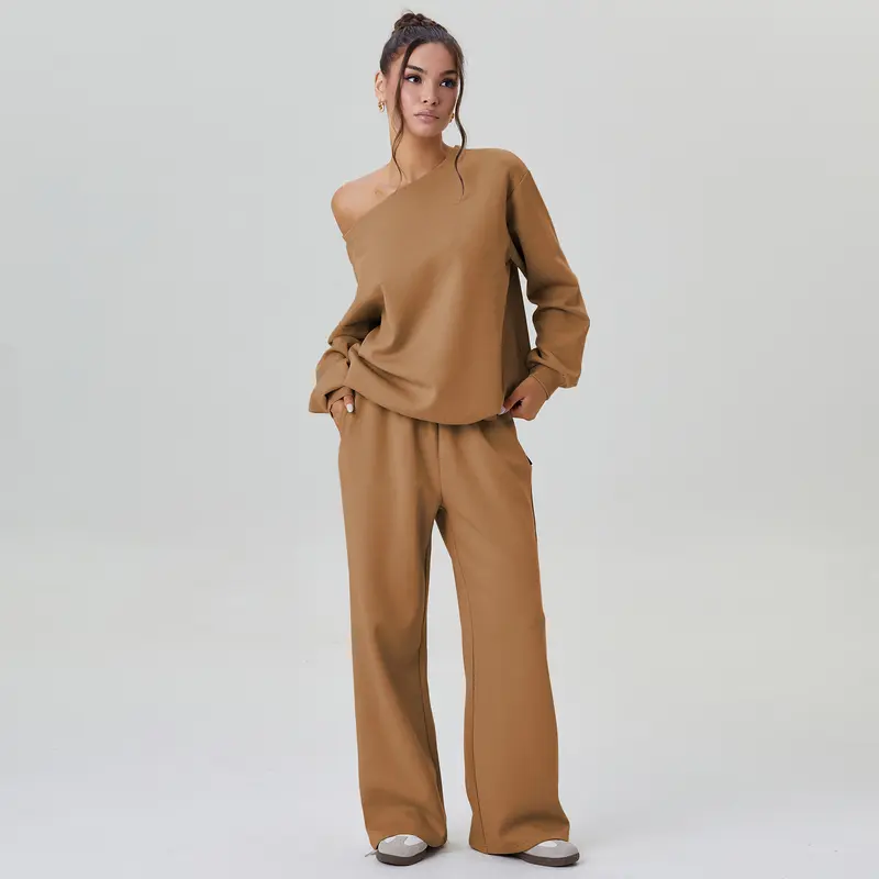 Long Sleeve Top and Wide Trousers Two Piece Outfits Set for Women