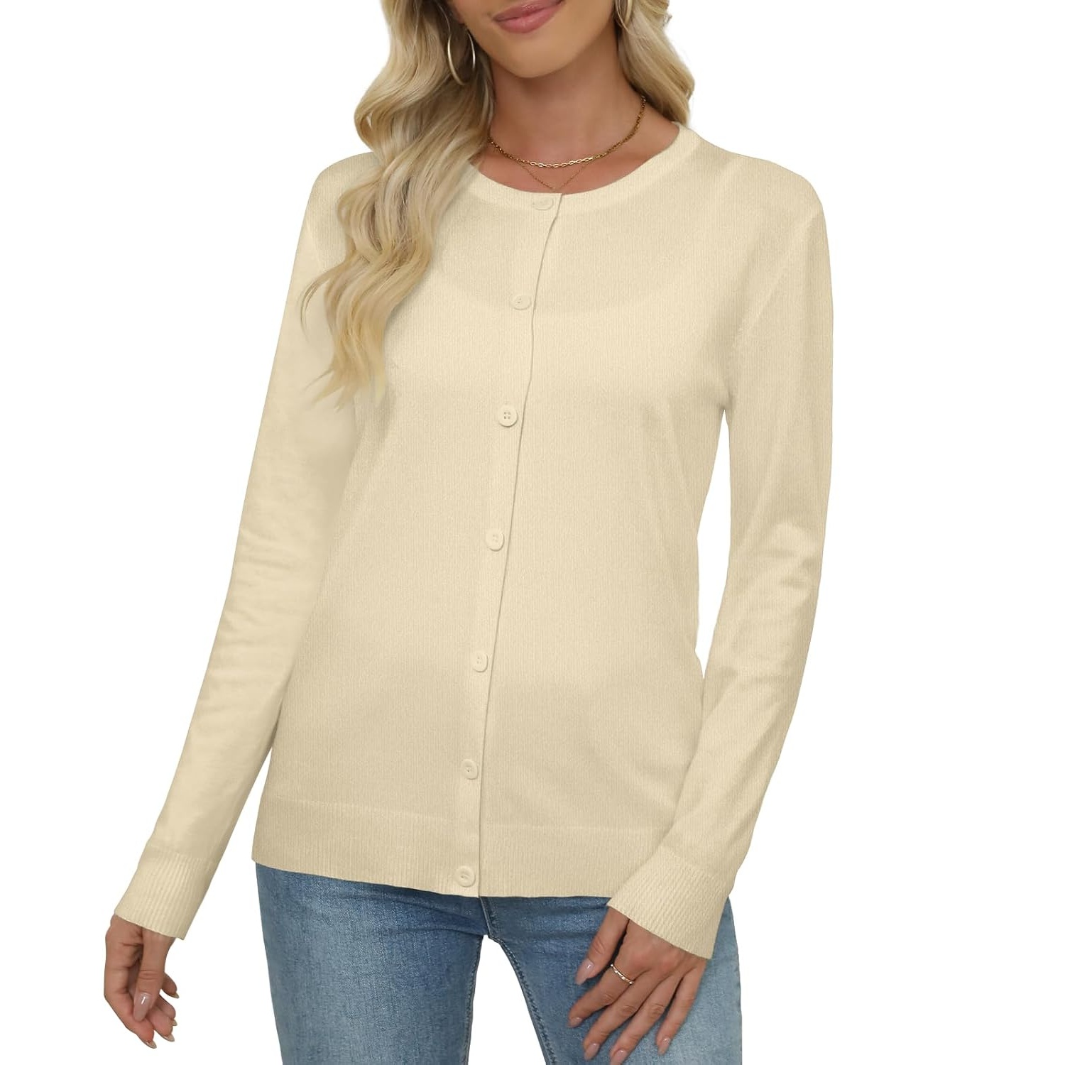 Casual Long Knit Crew Sleeve Front Cardigan With Button For Women