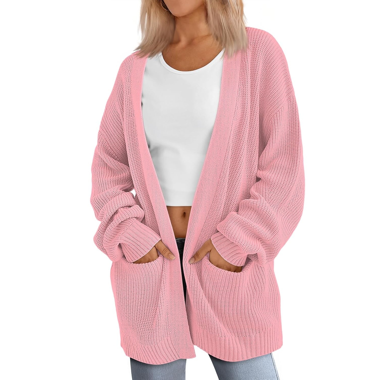 Oversized Open Front Knit Cardigan with Pockets for Women