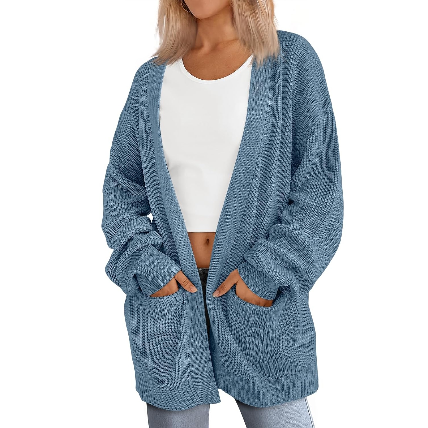 Oversized Open Front Knit Cardigan with Pockets for Women
