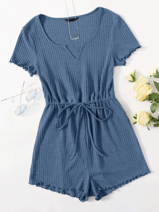 Notched Neck Lettuce Trim Romper-Comfy Jumpsuits