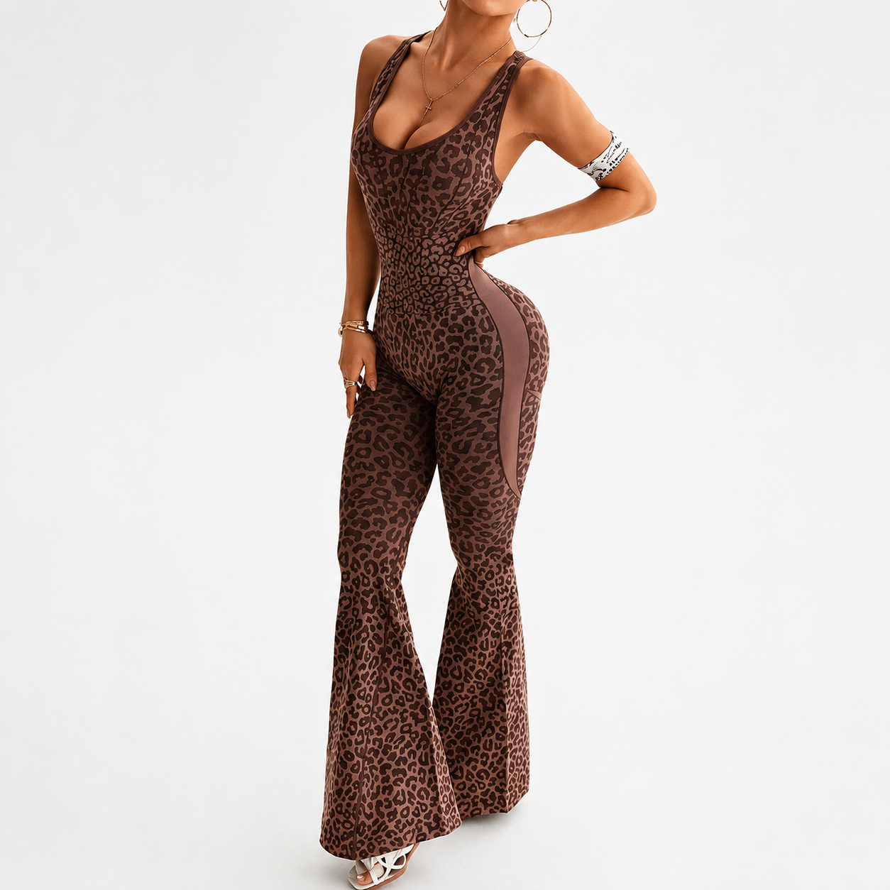 Leopard Print Flared Sports Jumpsuit With Cross Back Design For Women