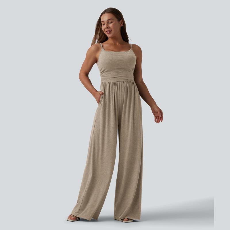 Casual Wide Ruched Jumpsuit With Pockets For Women