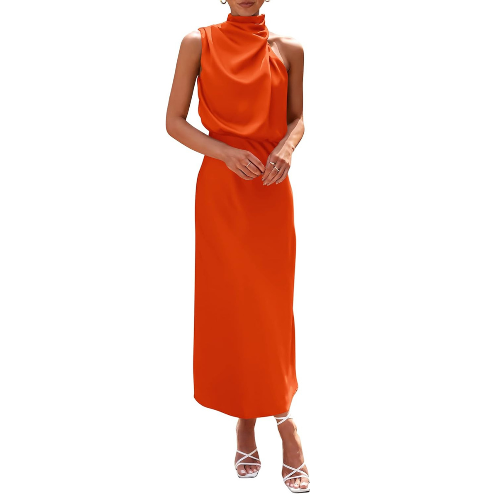 Elegant Sleeveless Satin Maxi Cocktail Party Dress