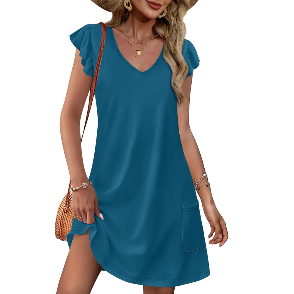 Summer Ruffle Sleeve Swing Dress With Pockets