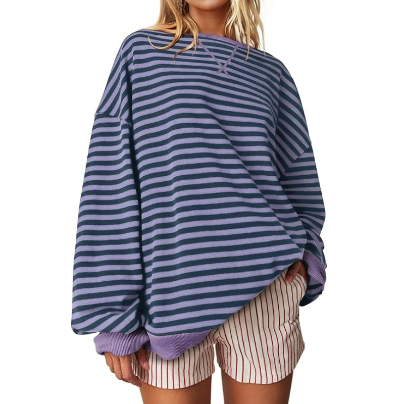 Women Oversized Striped Crewneck Sweatshirt Long Sleeve