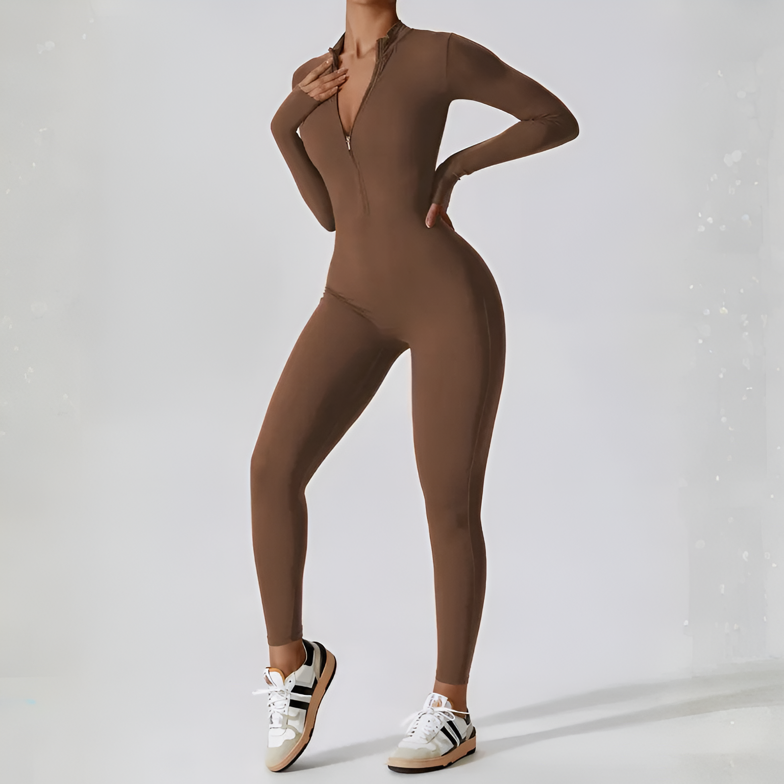 Solid Zip Front Long Sleeve Jumpsuit