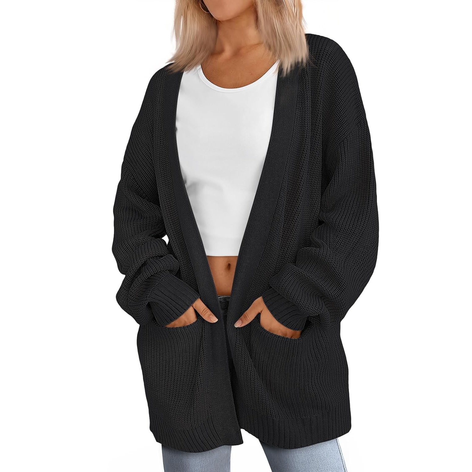 Oversized Open Front Knit Cardigan with Pockets for Women