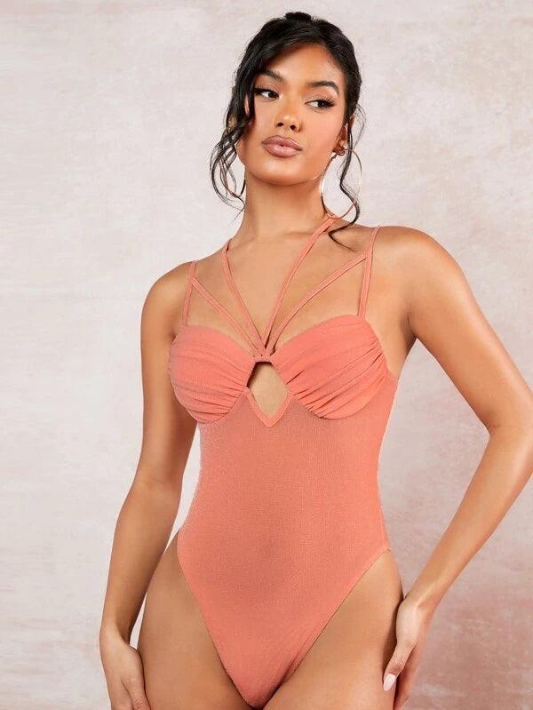 Strapped Neckline And Crisscross back Patterned Bodysuit-Comfy Jumpsuits