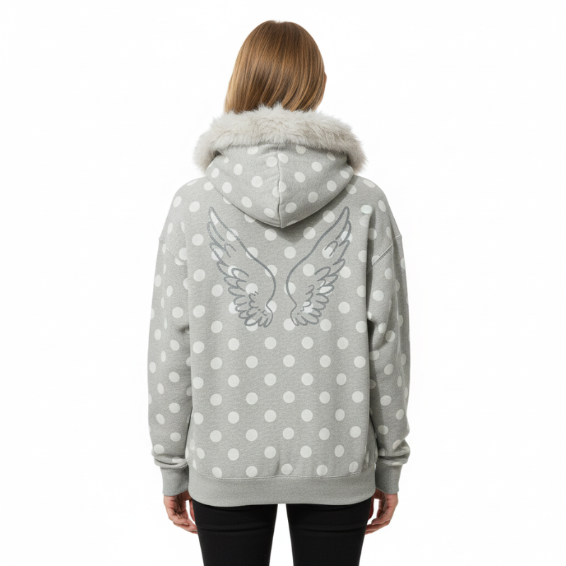 Faux Fur Trim Polka Dot Zip Up Hoodie For Women