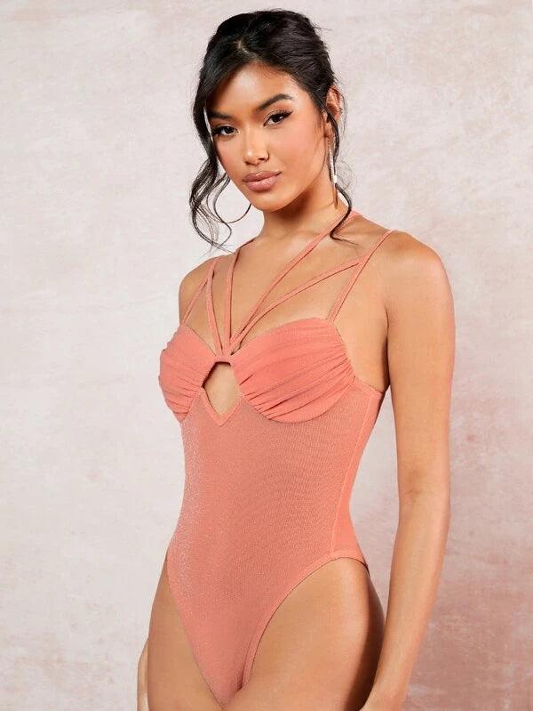 Strapped Neckline And Crisscross back Patterned Bodysuit-Comfy Jumpsuits