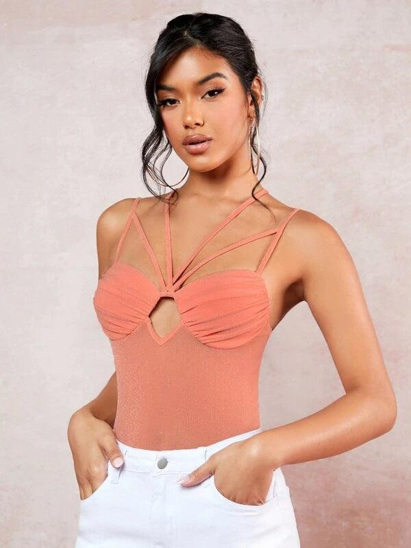 Strapped Neckline And Crisscross back Patterned Bodysuit-Comfy Jumpsuits