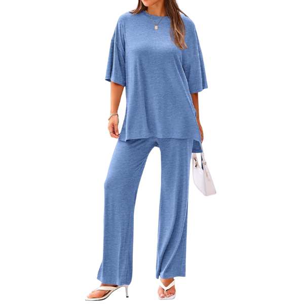 2 Piece Summer Lounge Set With Short Sleeve Top And Pants For Women