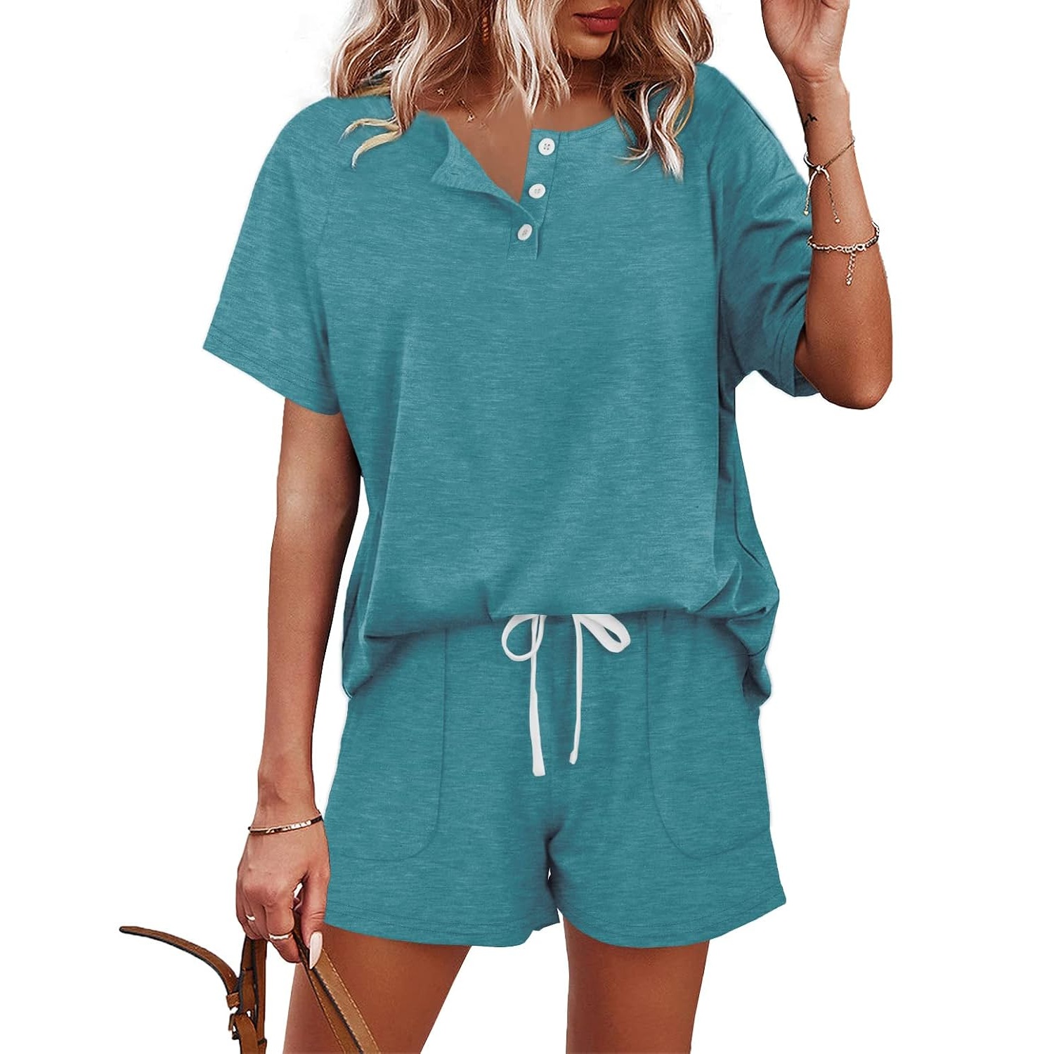 2 Piece Button Down Top And Shorts Sets For Women