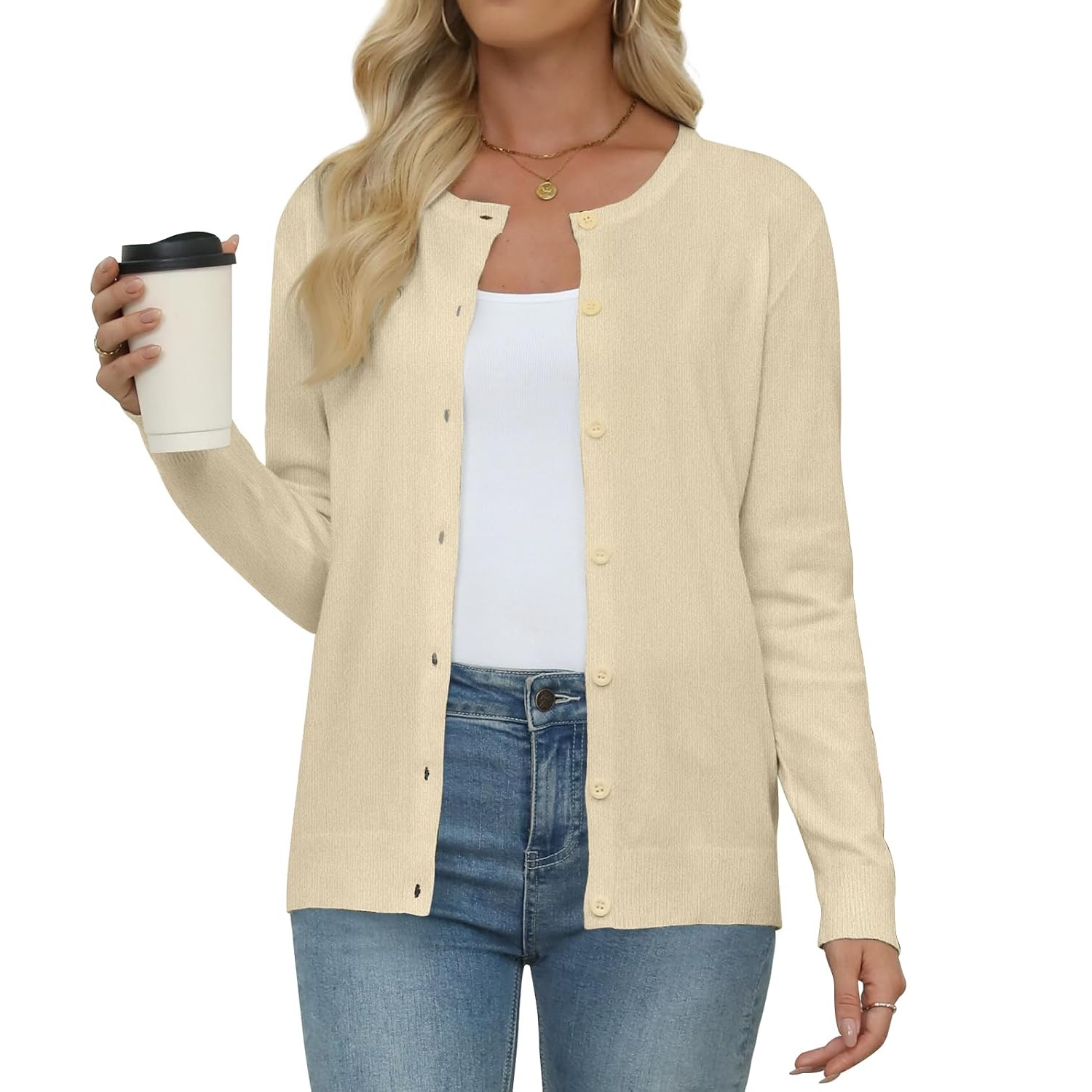 Casual Long Knit Crew Sleeve Front Cardigan With Button For Women