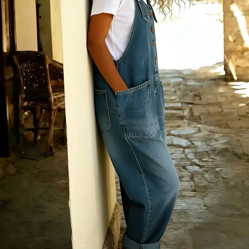 Loose Vintage Denim Wide Romper Jumpsuit With Button For Women