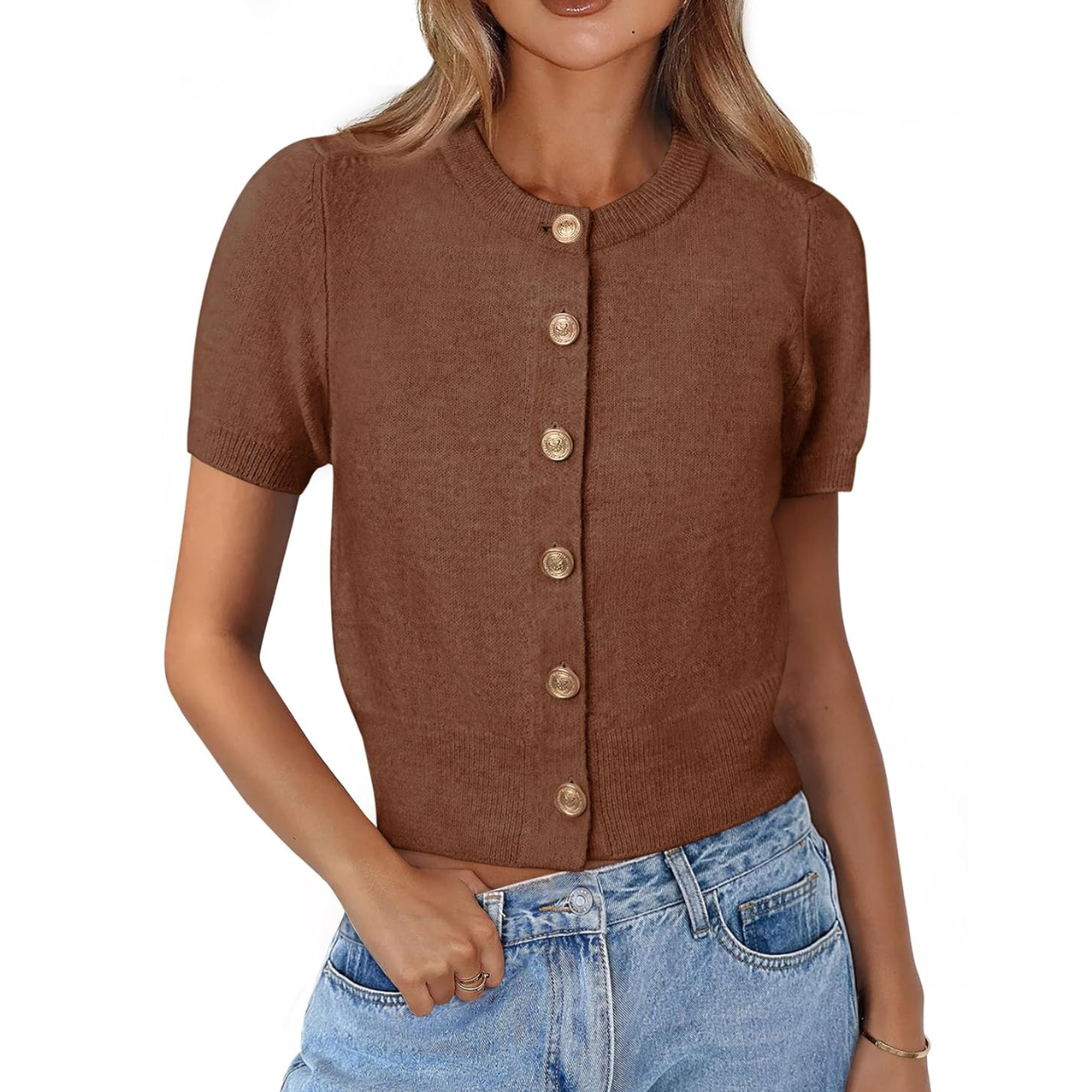 Casual Stretchy Short Sleeve Knit Crop Cardigan For Women