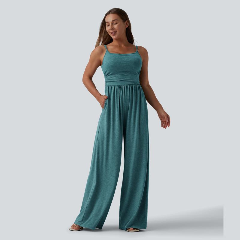 Casual Wide Ruched Jumpsuit With Pockets For Women