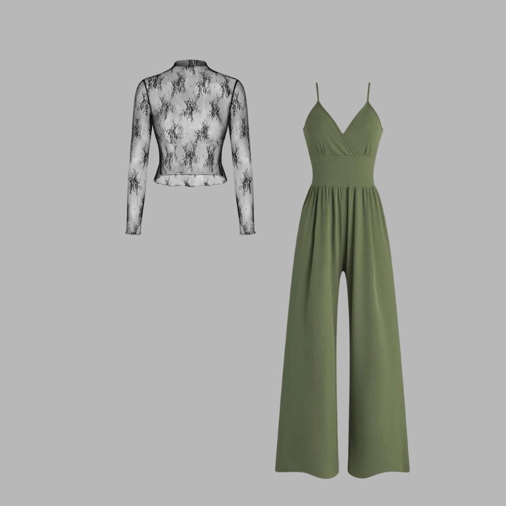 Valentine's Day Women's Solid Color Knitted Lace Tee & High Waist Pocket Jumpsuit Two-piece Set