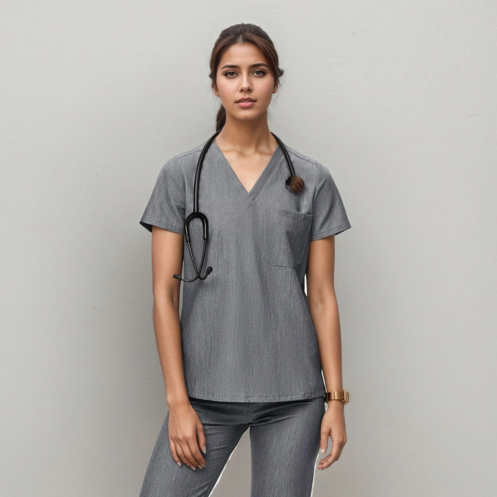 Classic Women Scrub Top With Short Sleeves And Single Chest Pocket
