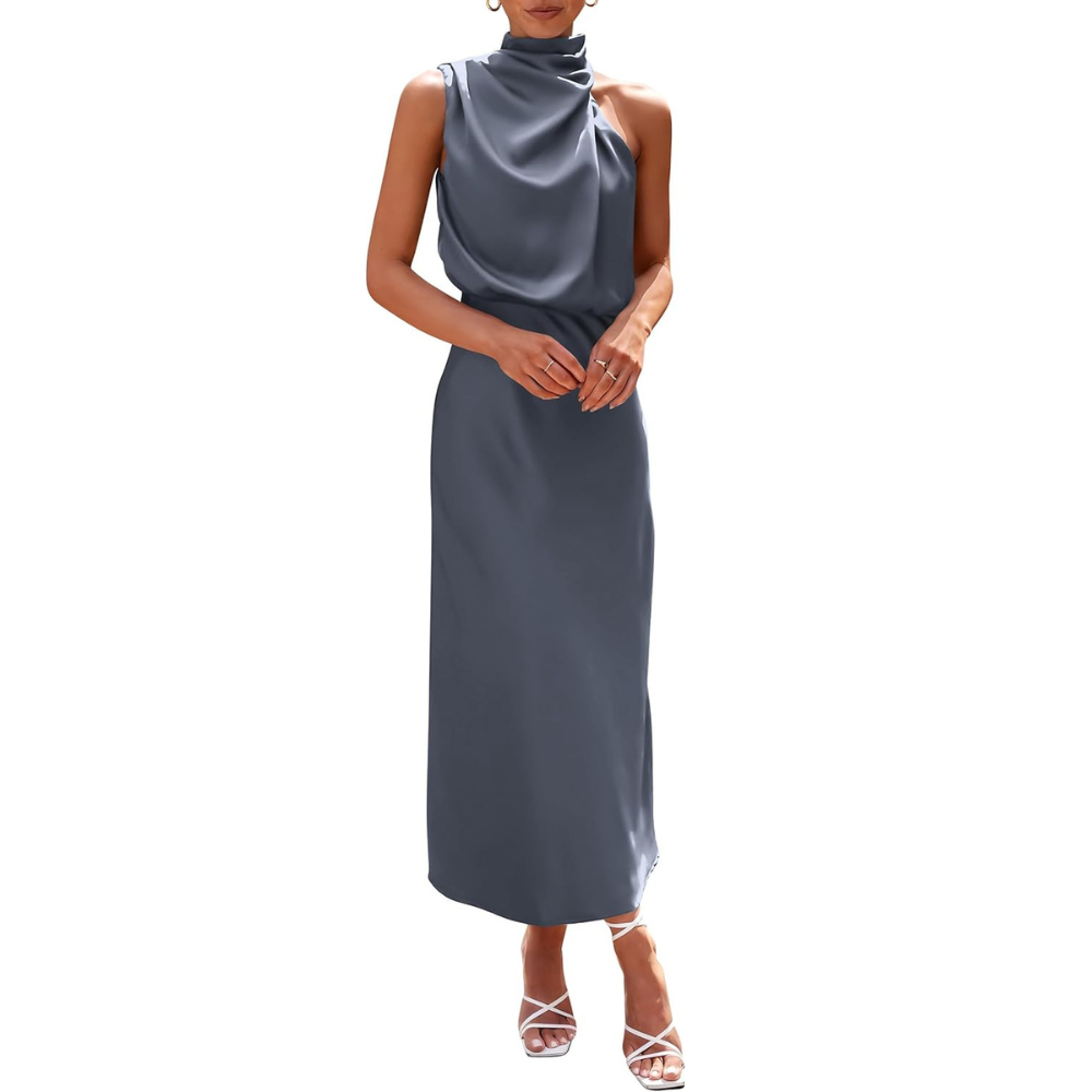 Elegant Sleeveless Satin Maxi Cocktail Party Dress