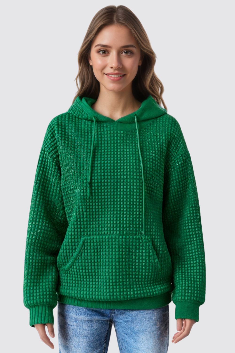 Casual Long Sleeve Drawstring Waffle Pullover Hoodie