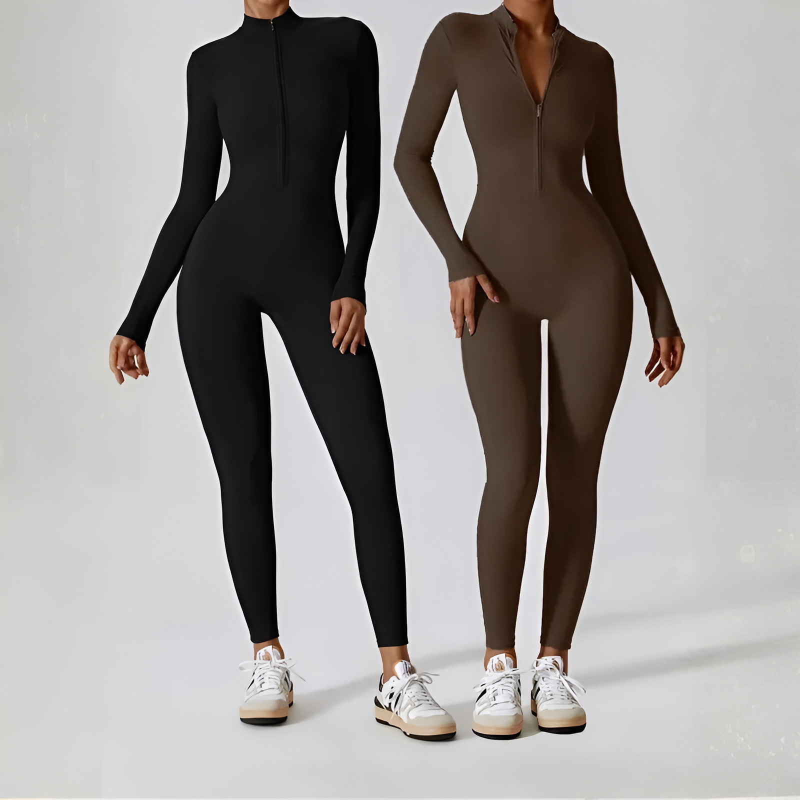 Solid Zip Front Long Sleeve Jumpsuit