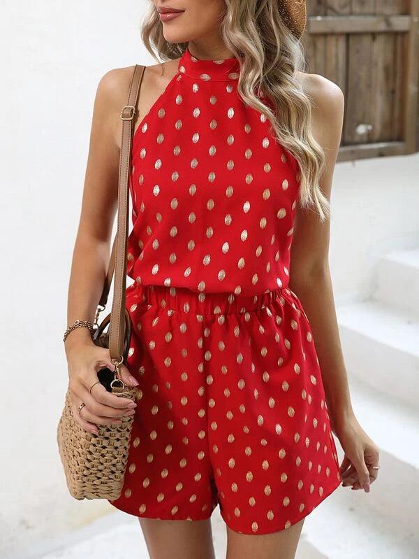 Dot Print Halter Neck Bodysuit-Comfy Jumpsuits