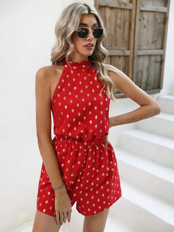 Dot Print Halter Neck Bodysuit-Comfy Jumpsuits