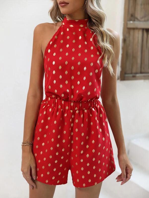 Dot Print Halter Neck Bodysuit-Comfy Jumpsuits