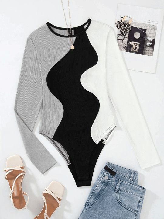 Long Sleeve Rib-knit Bodysuit-Comfy Jumpsuits