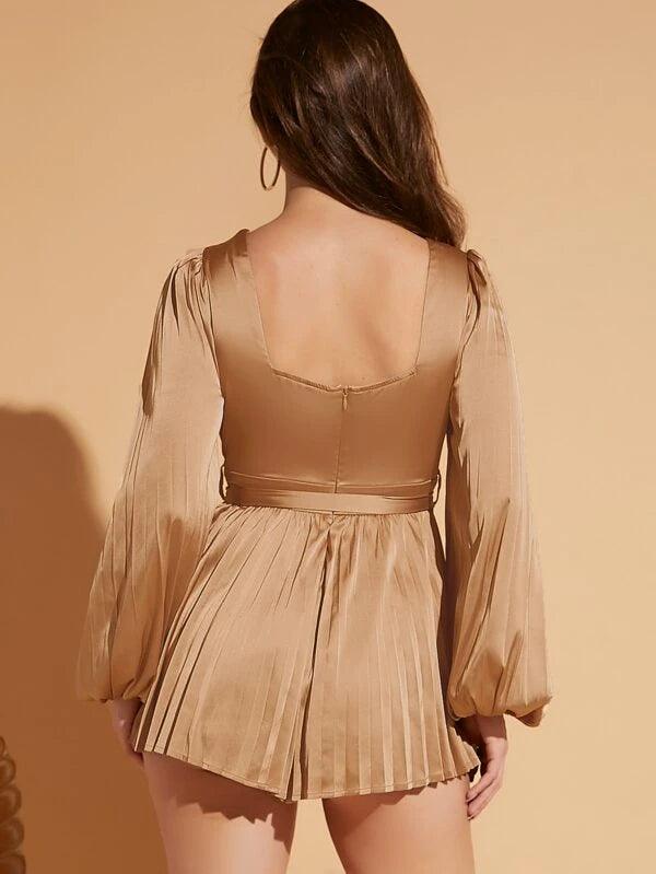 Overlap Collar With Lantern Sleeve Romper-Comfy Jumpsuits