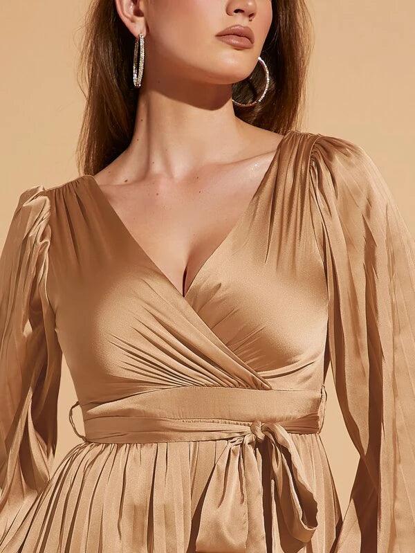 Overlap Collar With Lantern Sleeve Romper-Comfy Jumpsuits