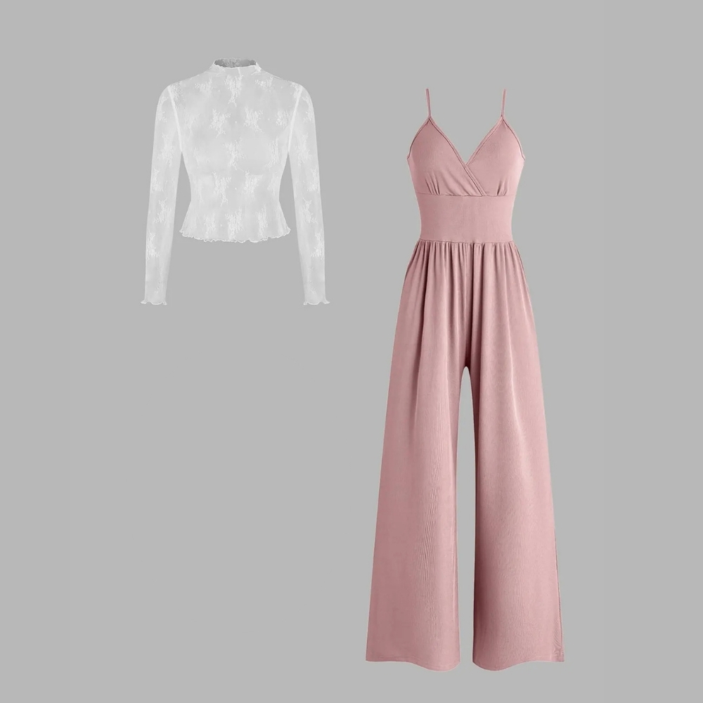 Valentine's Day Women's Solid Color Knitted Lace Tee & High Waist Pocket Jumpsuit Two-piece Set