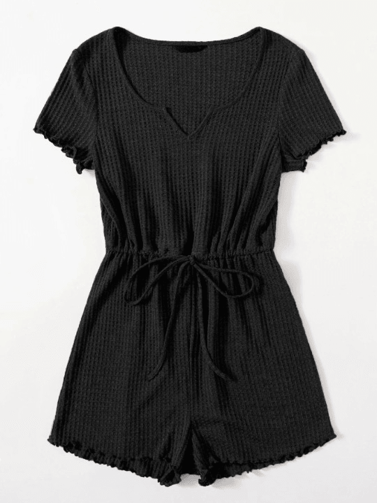 Notched Neck Lettuce Trim Romper-Comfy Jumpsuits