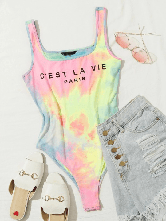 Letter Graphic Tie Dye Tank Bodysuit-Comfy Jumpsuits