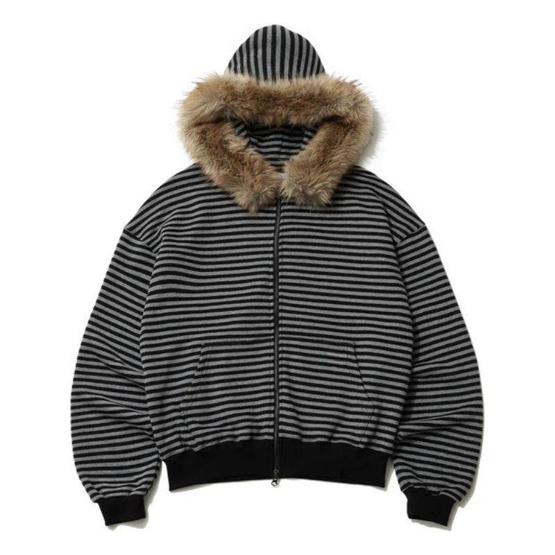 Faux Fur Trim Polka Dot Zip Up Hoodie For Women