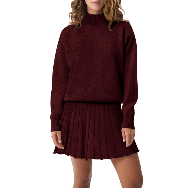 Women's Two Piece Outfits Turtleneck Long Sleeve Ribbed Knit Tops Pleated Mini Skirt 2026 Casual Sweater Sets