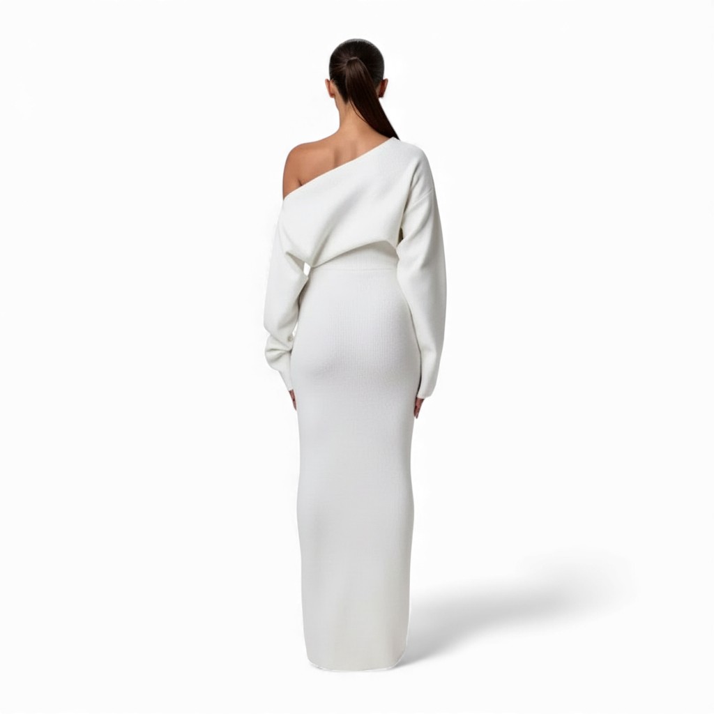 Full Length Knit Maxi Dress With Asymmetrical Top