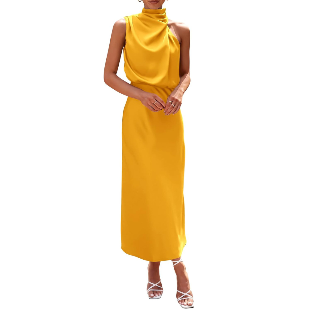 Elegant Sleeveless Satin Maxi Cocktail Party Dress