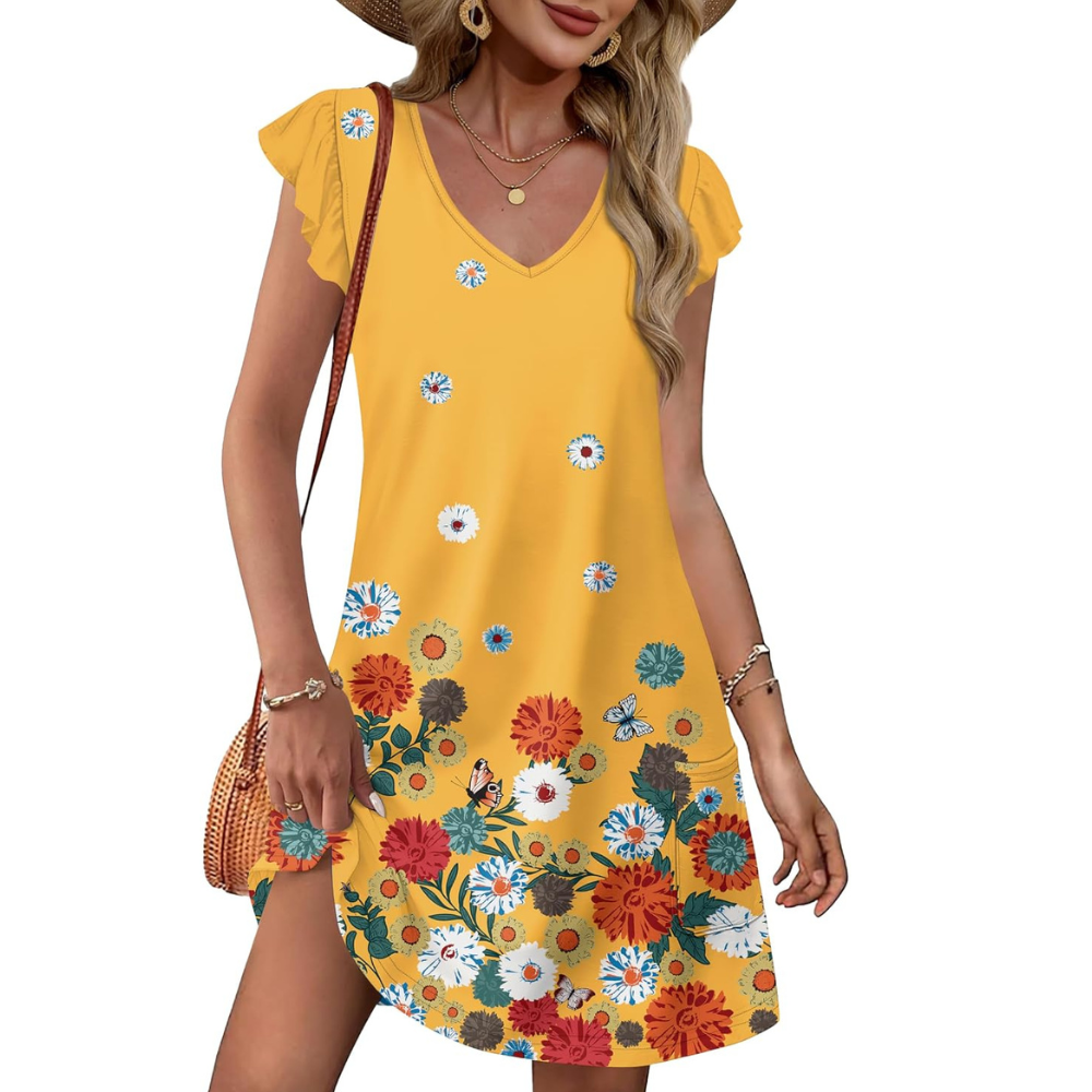 Summer Ruffle Sleeve Swing Dress With Pockets